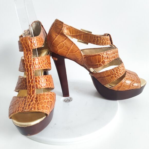 Michael Kors High Heels Size 6 T-Strap Sandals Camden Croc Embossed Camel Tan - Picture 4 of 11